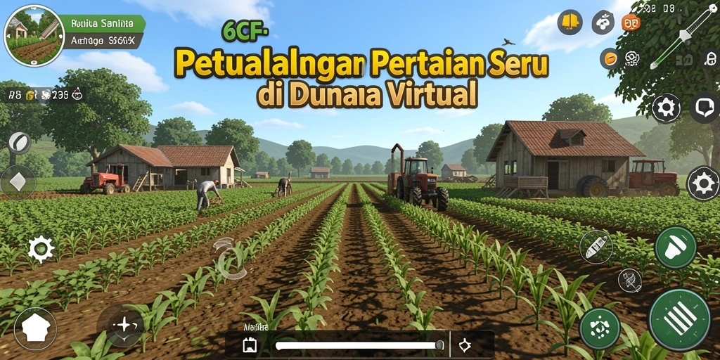 Screenshot menunjukkan petani sedang merawat tanaman di ladang yang subur.