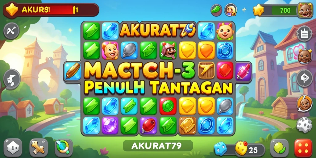 Screenshot gameplay AKURAT79 menunjukkan tantangan Match-3 yang menarik.