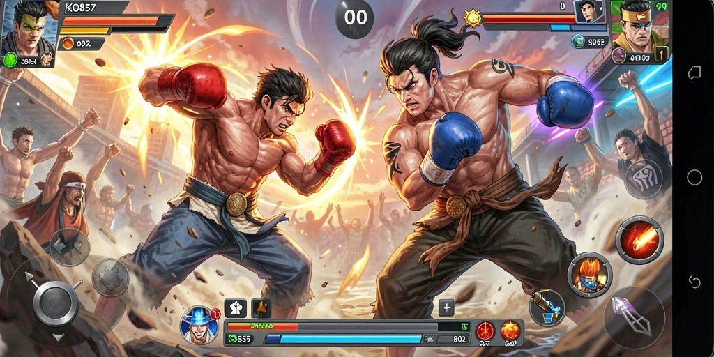 Screenshot gameplay KO857 menampilkan pertarungan intens dengan grafis yang menakjubkan.
