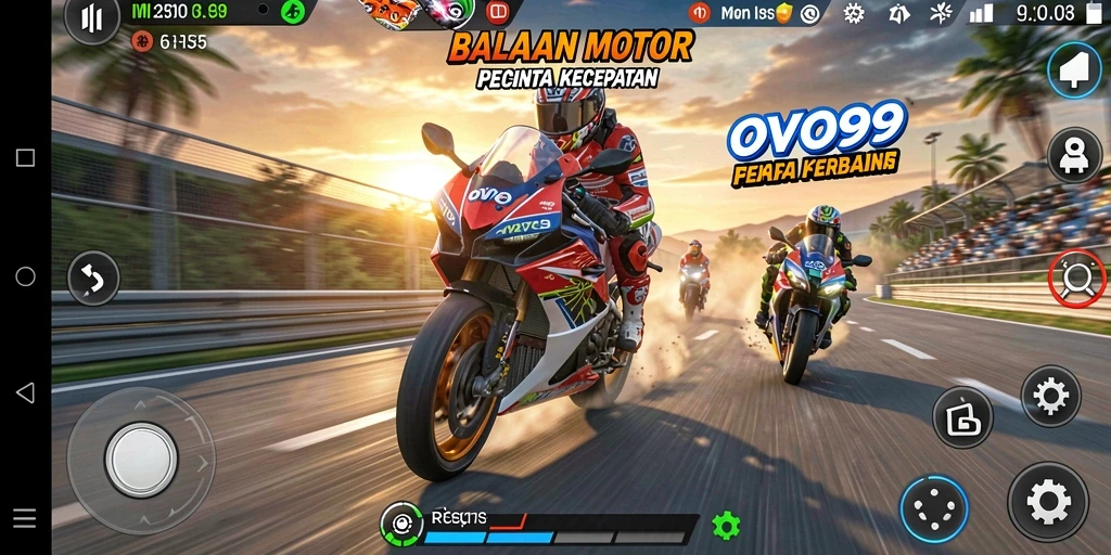 Screenshot OVO99 menunjukkan akselerasi motor yang mendebarkan di trek balapan.