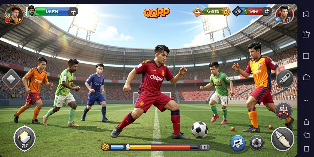 Screenshot utama QQRP menunjukkan gameplay seru dengan pemain beraksi di lapangan.