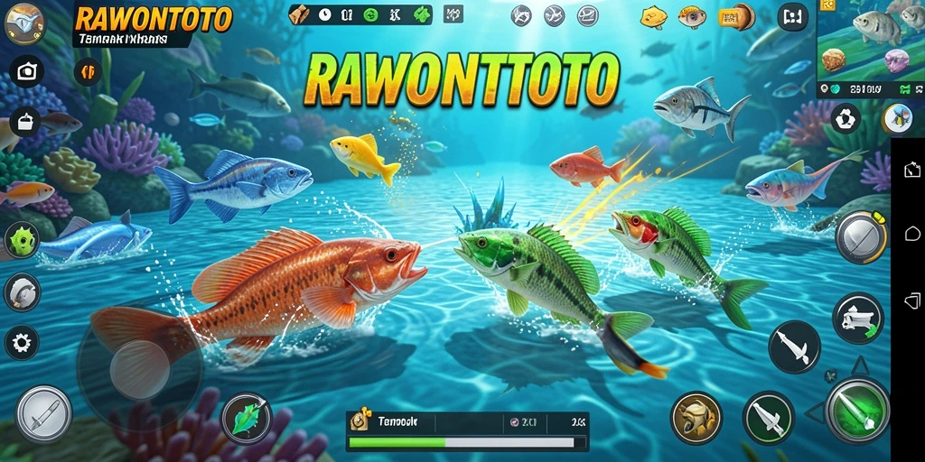 Tampilan gameplay seru di RAWONTOTO dengan berbagai ikan menunggu untuk ditangkap.
