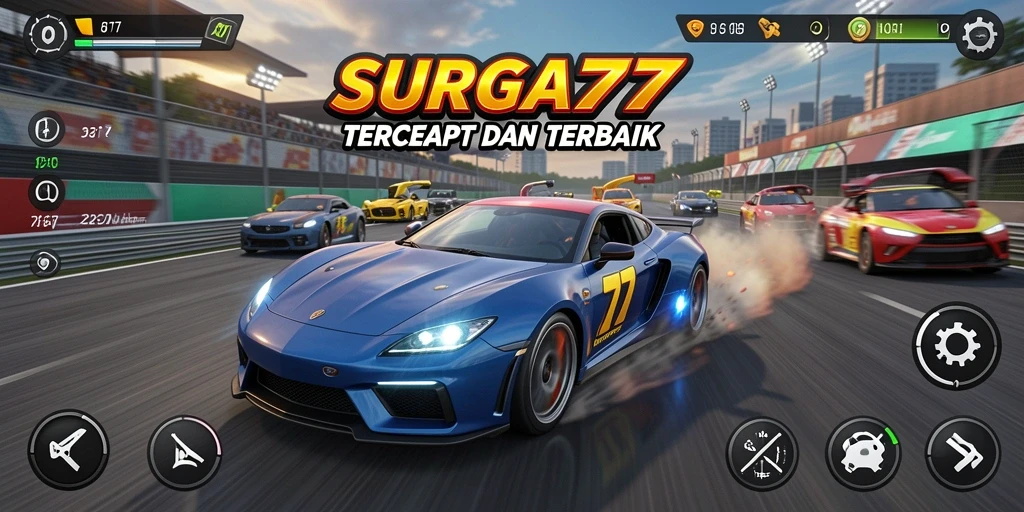 Tampilan gameplay SURGA77 dengan mobil-mobil balap yang menegangkan.