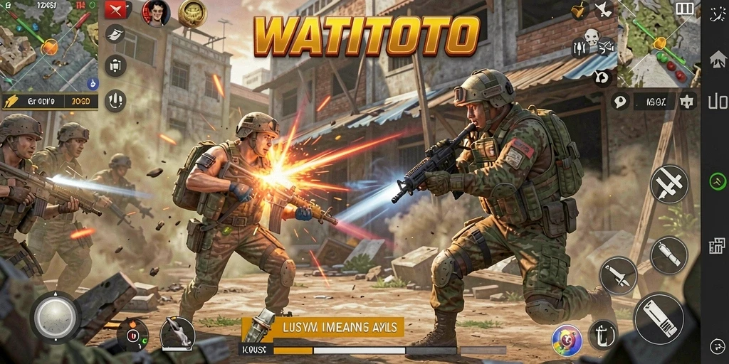 Screenshot gameplay WATITOTO menampilkan momen pertempuran seru di arena Battle Royale.